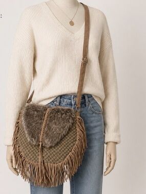 Boho Fringe Crossbody Bag Faux Fur Western Festival Indie Cowgirl Tan AZIZA